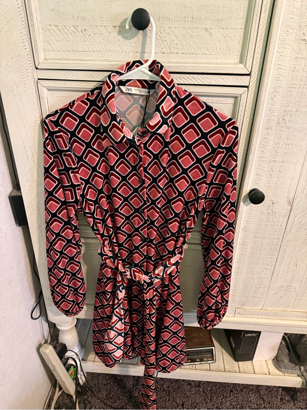 Zara Red Pink Geometric Button-Front Tunic with Belt